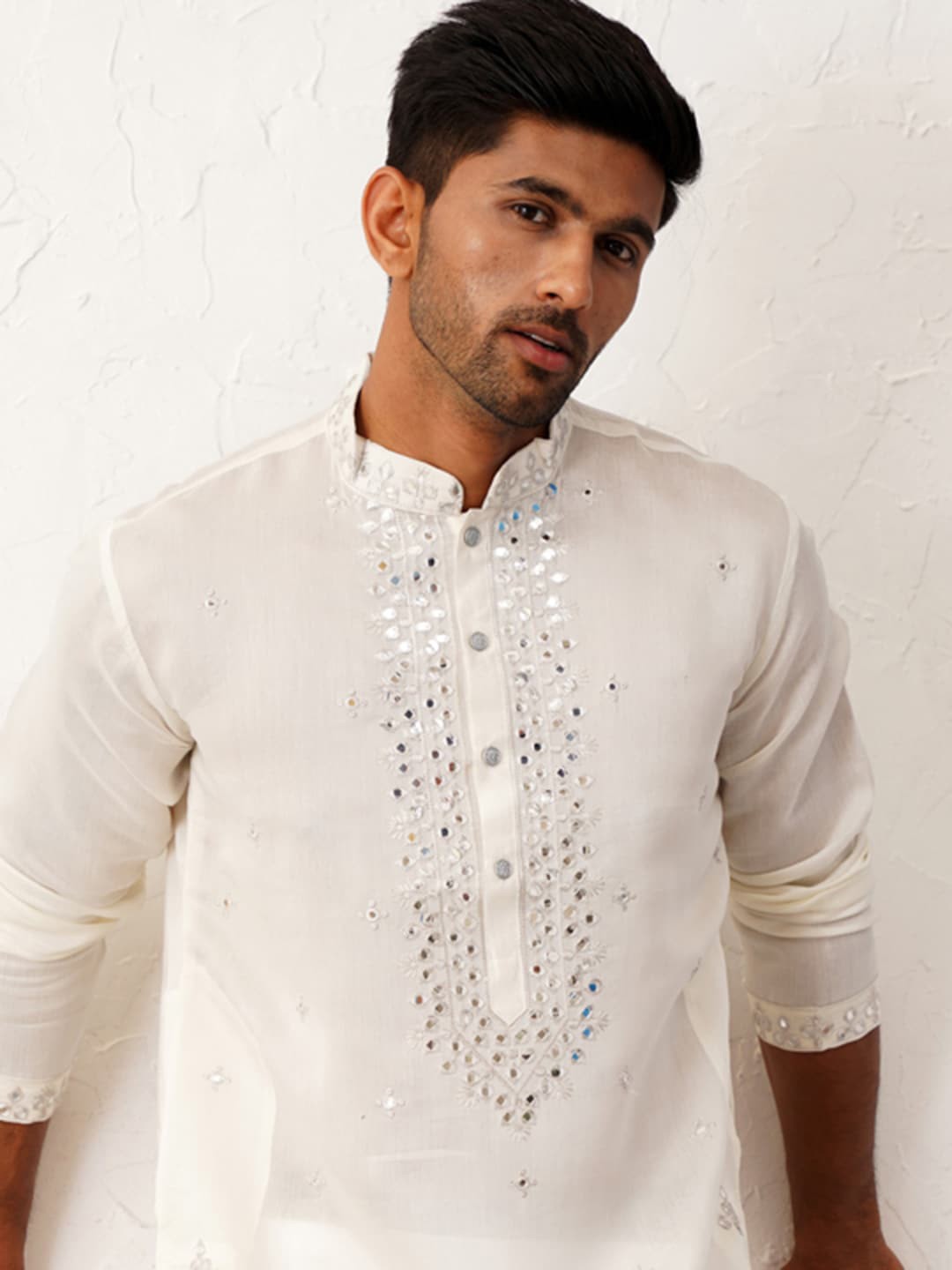 Floral Embroidered Mirror Work Mandarin Collar Cotton Silk Straight Republic Day Republic Day Kurta